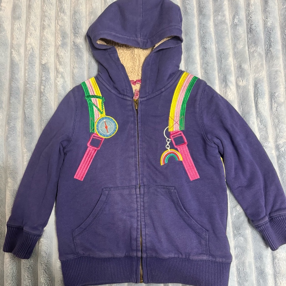 Mini Boden Girls Hoodie Jacket Backpack Rainbow Fleece Lined Navy Blue Size 5-6Y